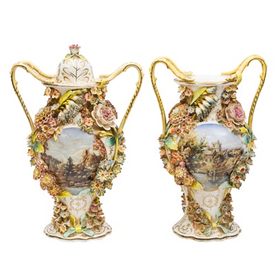 Lot 21 - A pair of Jacob Petit style floral encrusted porcelain vases