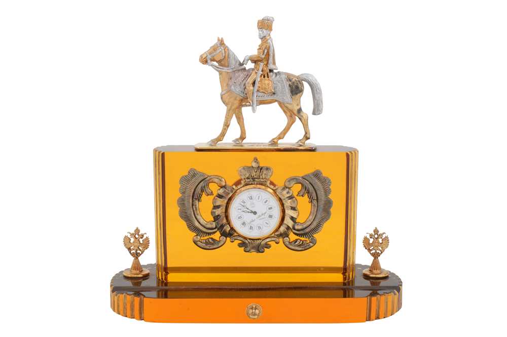 Lot 66 - An Elizabeth II sterling silver gilt mounted glass commemorative clock, London 2009 by Theo Fabergé