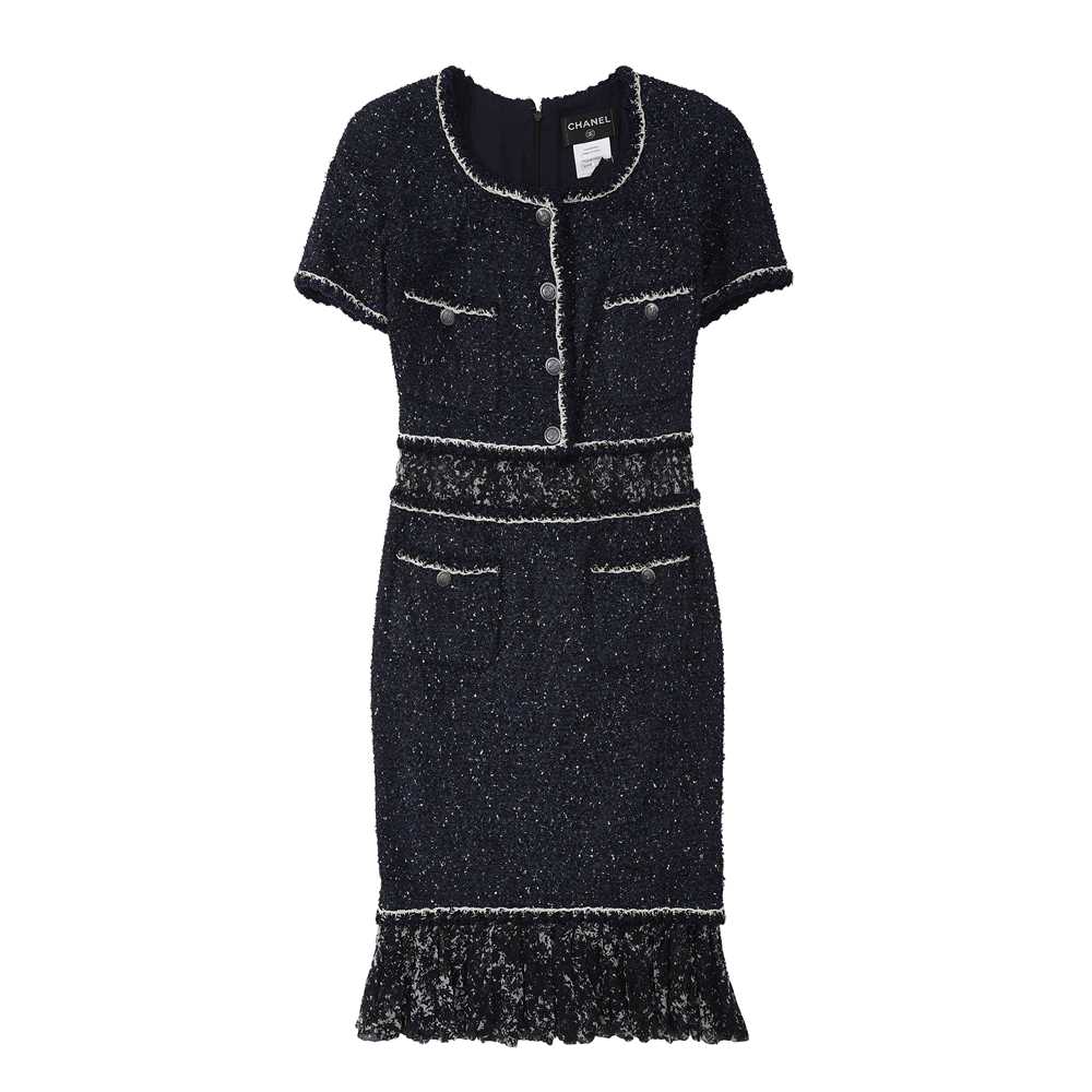 Lot 89 - Chanel Navy Boucle CC Short Sleeve Dress - Size 36