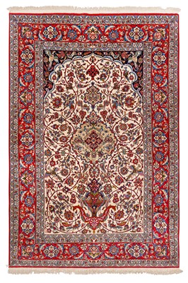 Lot 97 - An extremely fine part silk Isfahan prayer rug, central Persia, approx: 241cm. x 156cm