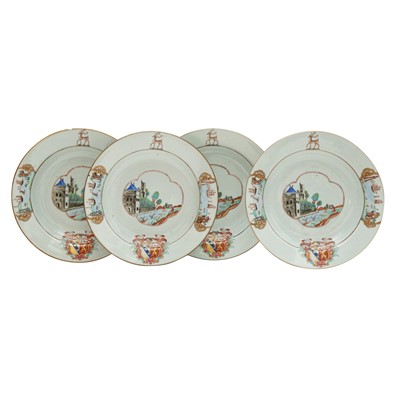 Lot 301 - Four fine and rare Chinese export armorial soup bowls, Qing Dynasty, Qianlong Period, circa 1745