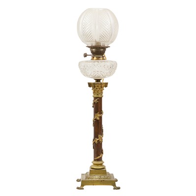 Lot 258 - A Victorian parcel gilt and patinated brass Corinthian column oil lamp