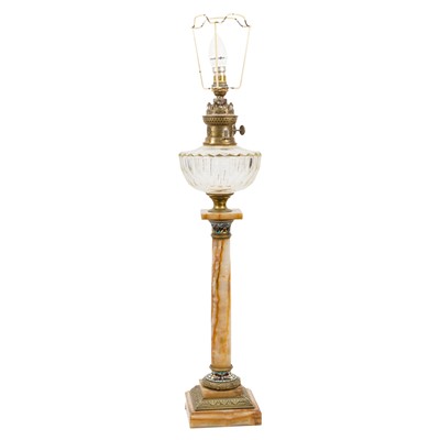 Lot 257 - A Victorian alabaster and champleve enamel column oil lamp