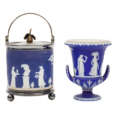Lot 26 - Wedgwood, a blue jasperware biscuit barrel and campana vase