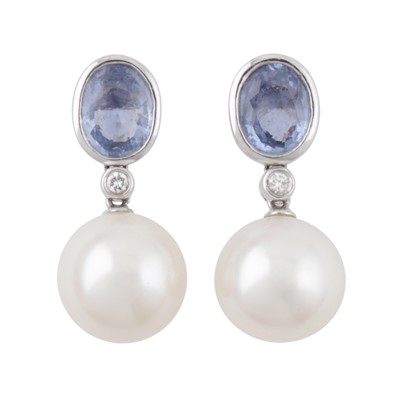 Lot 343 - A pair of sapphire and pearl dangling earrings