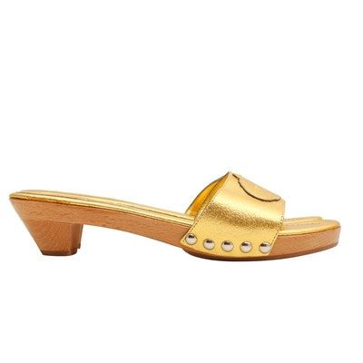 Lot 657 - Prada Gold Logo Heeled Clog Mule - Size 37.5