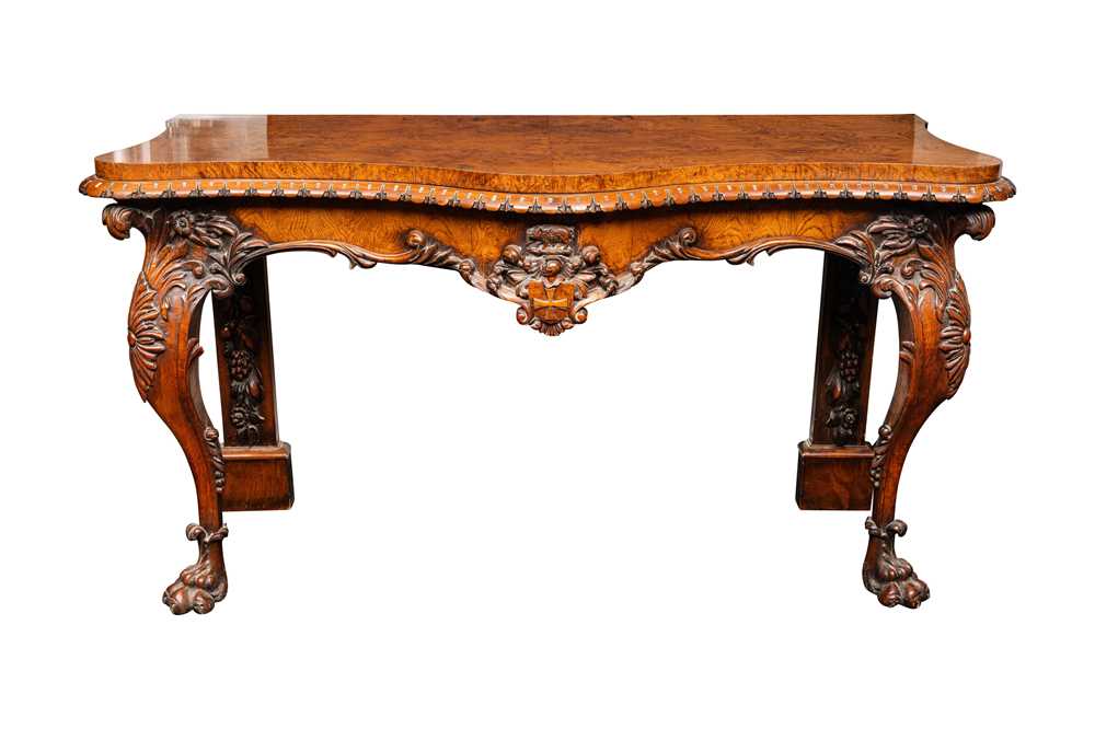 Lot 44 - A mid-Victorian burr elm and carved oak console table bearing the Bower Family Coat of Arms