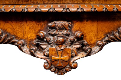 Lot 44 - A mid-Victorian burr elm and carved oak console table bearing the Bower Family Coat of Arms