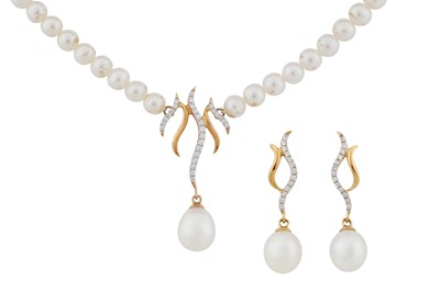 Lot 241 - A pearl and diamond necklace and earring suite