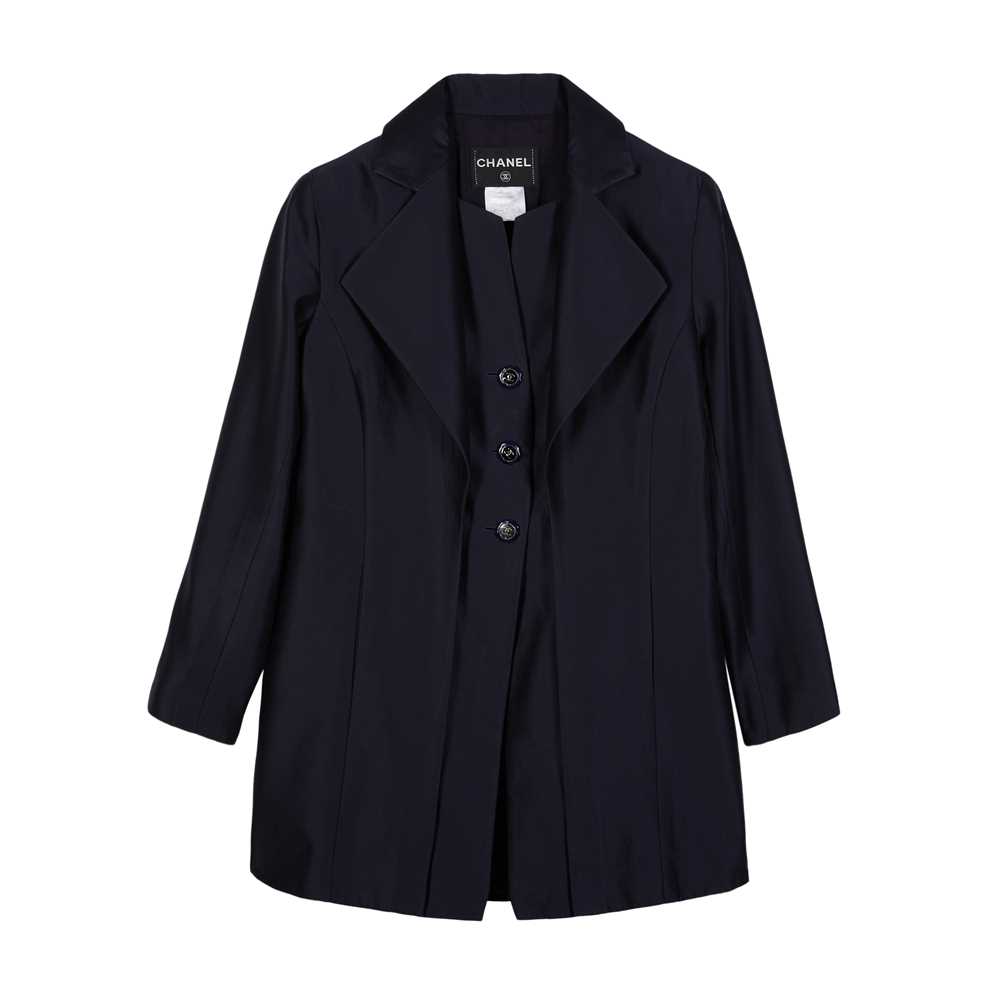 Lot 92 - Chanel Navy CC Double Front Long Jacket - Size 44