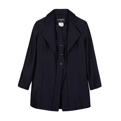 Lot 92 - Chanel Navy CC Double Front Long Jacket - Size 44