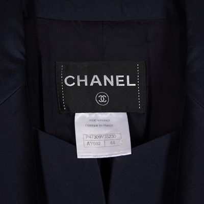 Lot 92 - Chanel Navy CC Double Front Long Jacket - Size 44