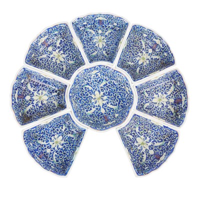 Lot 343 - A near-set of Chinese blue-ground sweetmeat dishes, Late Qing dynasty / Republic period