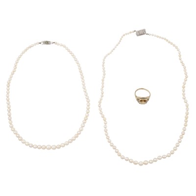 Lot 391 - Two pearl necklaces and a citrine ring