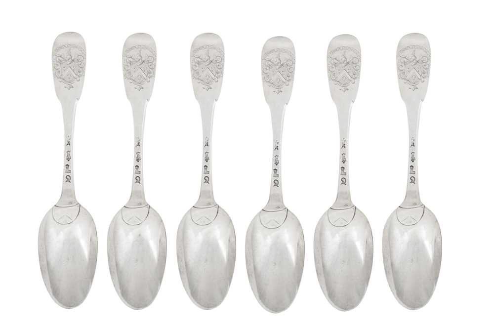 Lot 303 - A set of six Louis XV mid-18th century French provincial silver tablespoons, Rochefort 1753-55 by Jean Tostée (reg. 14th July 1731)