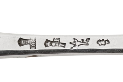 Lot 305 - A pair of Louis XV mid-18th century French provincial silver tablespoons, Rochefort 1753-55 by Jean-Phillipe Tostée (reg. 30th March 1748)