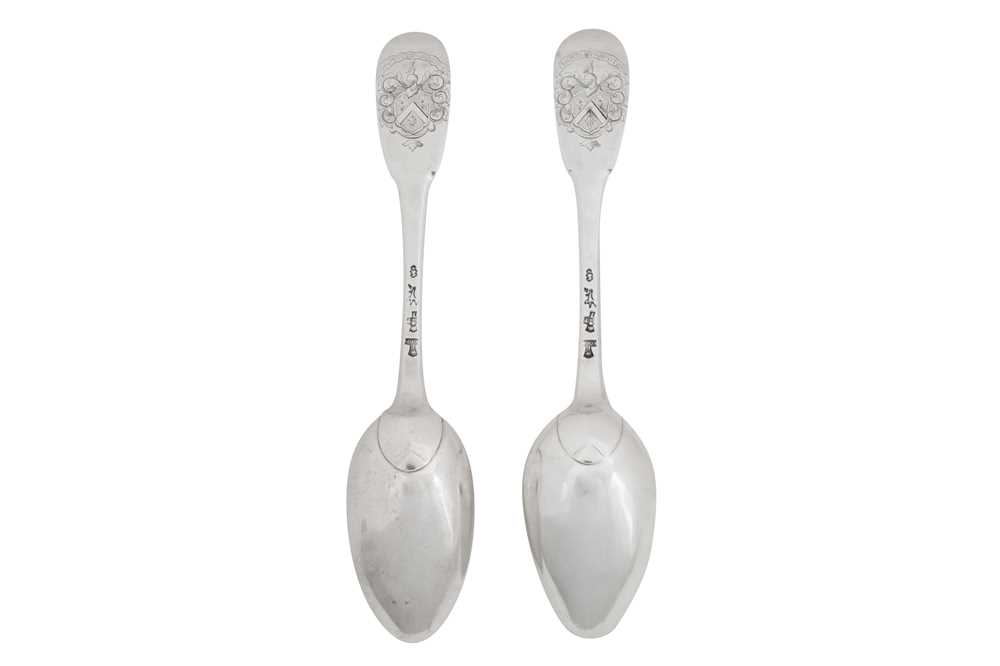 Lot 305 - A pair of Louis XV mid-18th century French provincial silver tablespoons, Rochefort 1753-55 by Jean-Phillipe Tostée (reg. 30th March 1748)