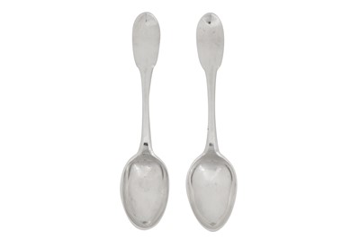 Lot 305 - A pair of Louis XV mid-18th century French provincial silver tablespoons, Rochefort 1753-55 by Jean-Phillipe Tostée (reg. 30th March 1748)