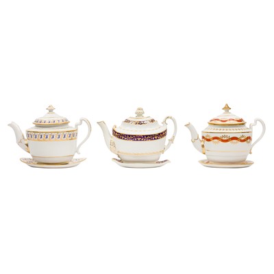 Lot 75 - Worcester porcelain, five teapots, covers, and stands, circa 1804-1814