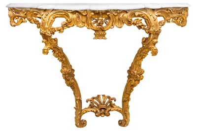 Lot 3 - A pair of 19th century Baroque revival marble topped giltwood and gesso console tables