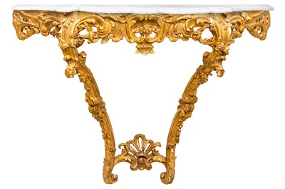Lot 3 - A pair of 19th century Baroque revival marble topped giltwood and gesso console tables