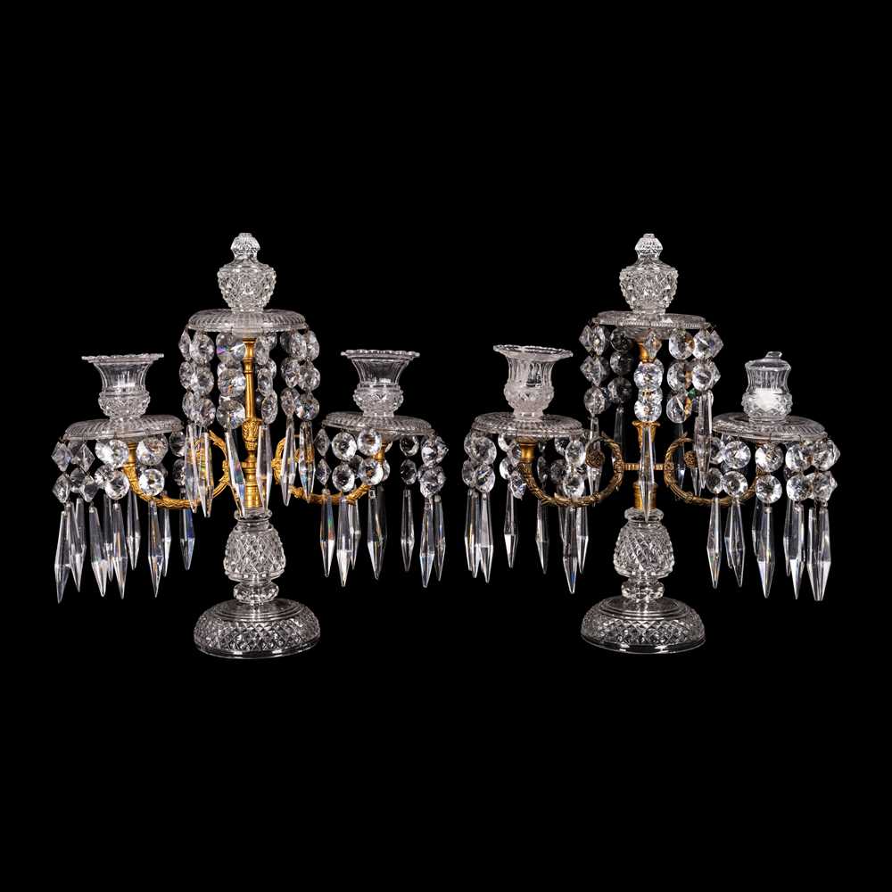 Lot 92 - A pair of gilt brass and cut glass candelabra