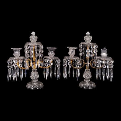 Lot 151 - A pair of gilt brass and cut glass candelabra, late 19th / early 20th century