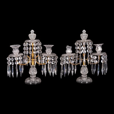 Lot 92 - A pair of gilt brass and cut glass candelabra