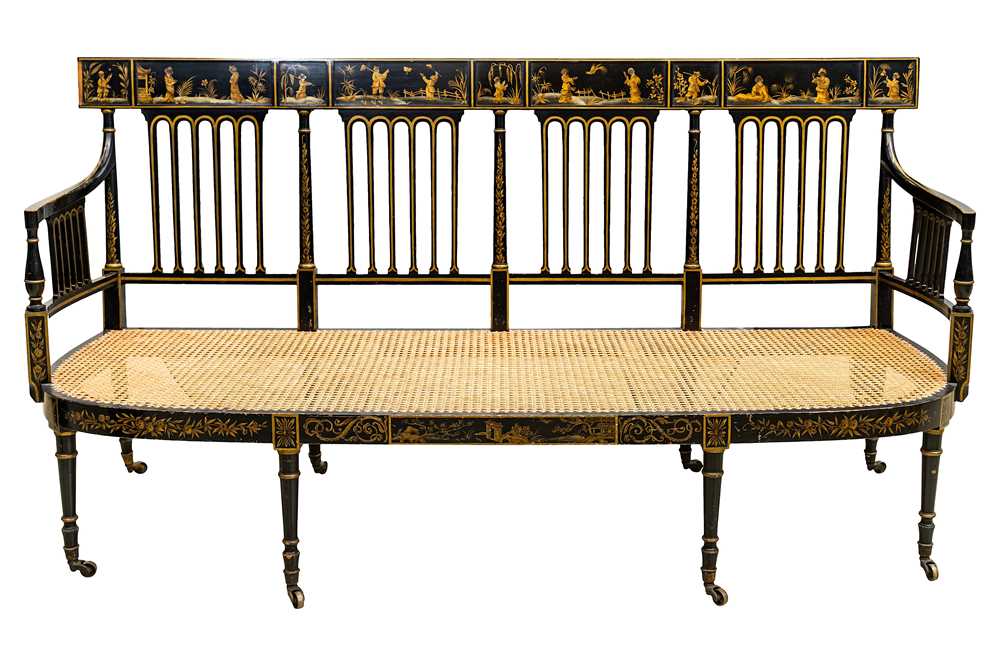 Lot 8 - A Regency Japanned and Chinoiserie decorated four-seater settee