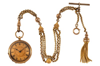 Lot 475 - 18k Gold Open-Faced Fob Watch and Chain