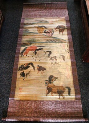 Lot 161 - Chinese scroll study of horses and their...