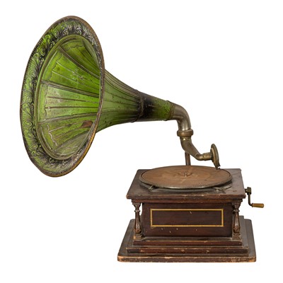 Lot 216 - A stained fruitwood wind up gramophone