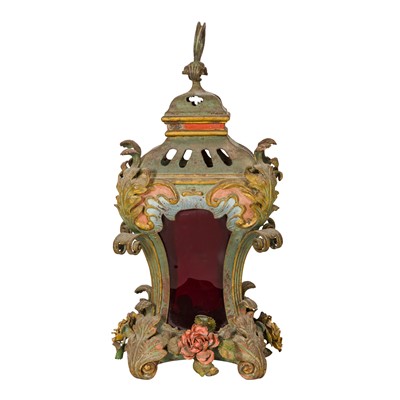 Lot 241 - A polychrome toleware and red glass hanging lantern