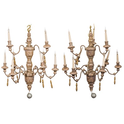 Lot 243 - A pair of Continental turned silvered wood chandeliers