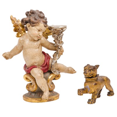Lot 164 - An Italian carved, painted, and parcel gilt cherub figure