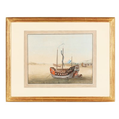 Lot 376 - A Chinese export painting of a junk, Qing dynasty, Chinese School, 19th century