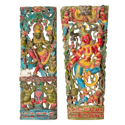Lot 396 - Two Indian carved and painted wood panels