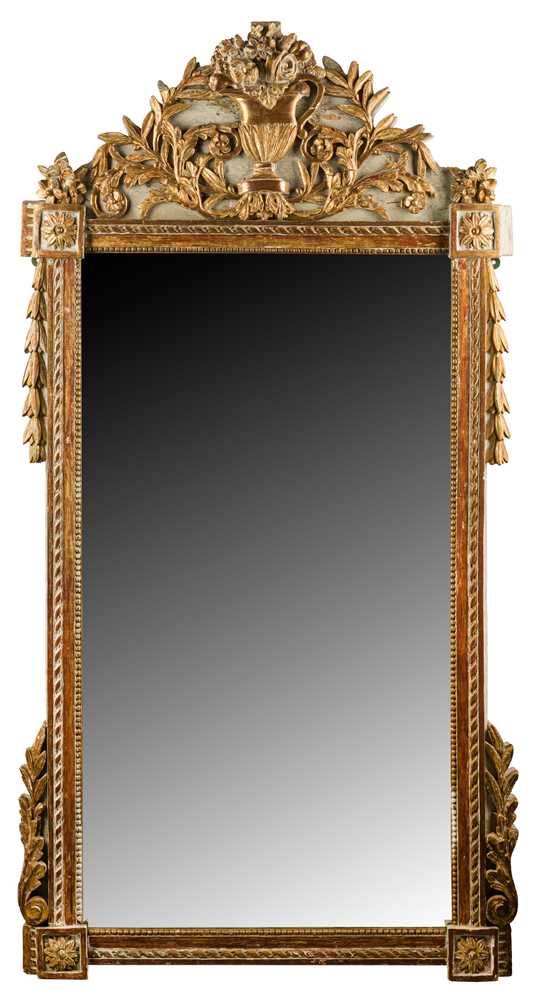 Lot 9 - A French Louis XVI style carved, painted and Parcel Gilt Pier Mirror