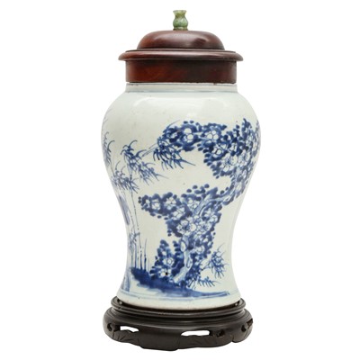 Lot 431 - A Chinese blue and white 'Three Friends of Winter' vase, Qing dynasty, Kangxi Period