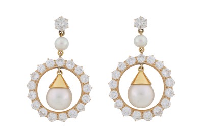 Lot 288 - A pair of pearl and diamond pendent earrings