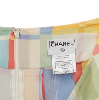 Lot 24 - Chanel Multi Silk Colourblock CC Pleat Skirt - Size 42
