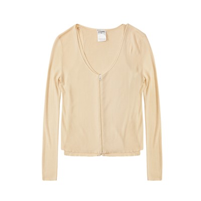Lot 136 - Chanel Beige Ribbed Knit Twin Set - Size 42