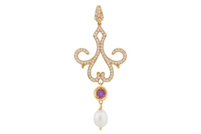 Lot 260 - A pearl, amethyst and diamond pendant