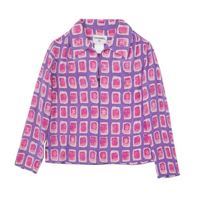 Lot 53 - Chanel Purple Silk Geometric CC Blouse - Size 42
