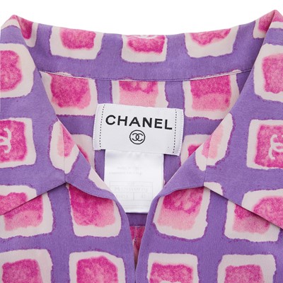 Lot 53 - Chanel Purple Silk Geometric CC Blouse - Size 42