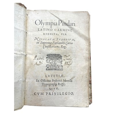 Lot 12 - Sudorius (Nicolaus) [Nicolas Le Sueur] translator, Olympia Pindari Latino carmine reddita, 1576