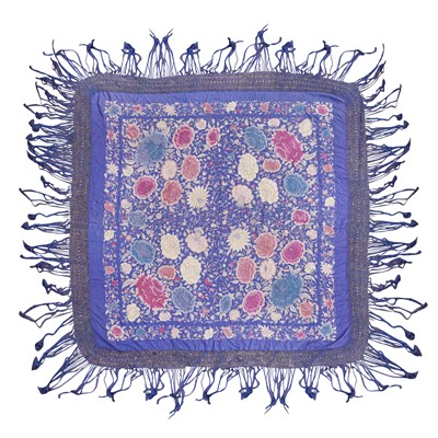 Lot 423 - Group of 3 shawls possibly Chinese late 19th - early 20th Century, with an ostrich feather fan