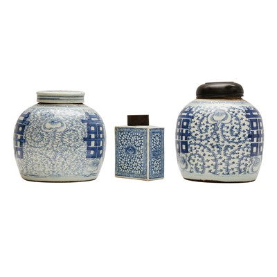 Lot 486 - Two Chinese blue and white jar and cover together with a tea caddy, 19th century