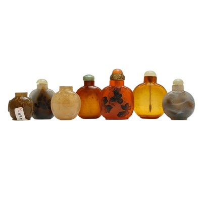 Lot 709 - Five Chinese Peking glass snuff bottles and two hardstone bottles, 19th - 20th century