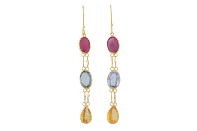 Lot 147 - A pair of coloured sapphire pendent earrings